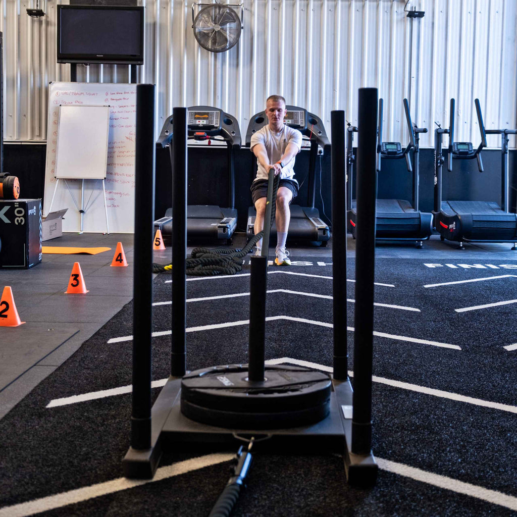 38mm Sled Rope (inc Hook & Karabiner _ 15m in length) Black Being Pulled on Sled