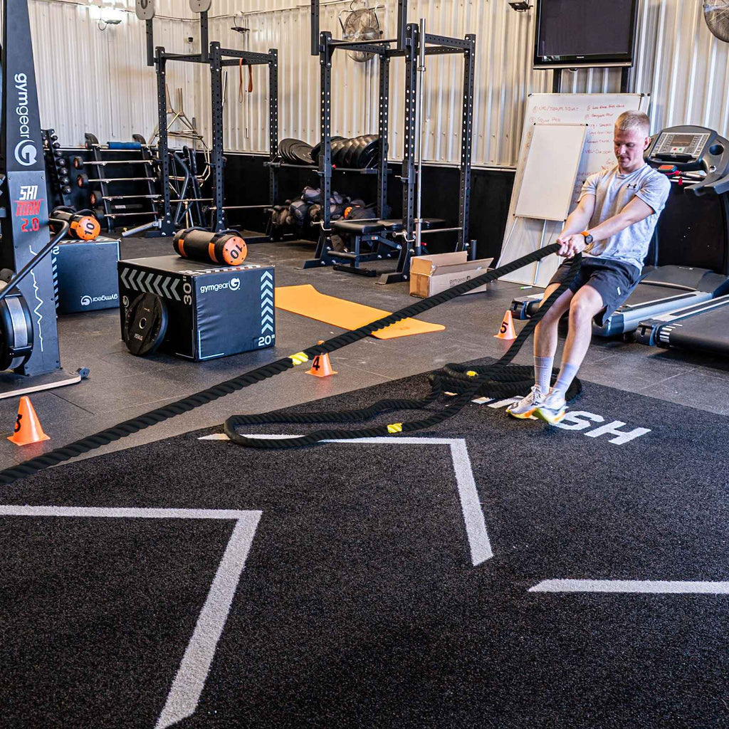 38mm Sled Rope (inc Hook & Karabiner _ 15m in length) Black Being Pulled on Track