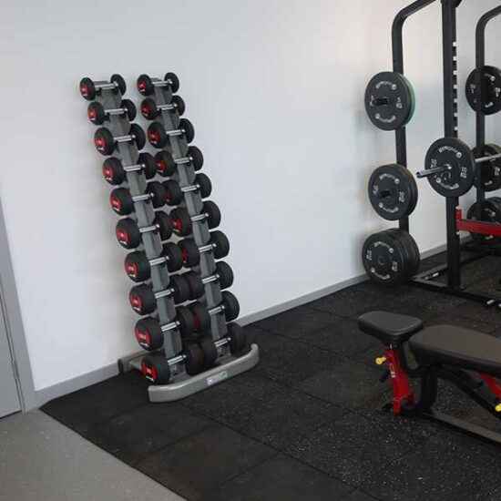 dumbell rack with dumbells in gym