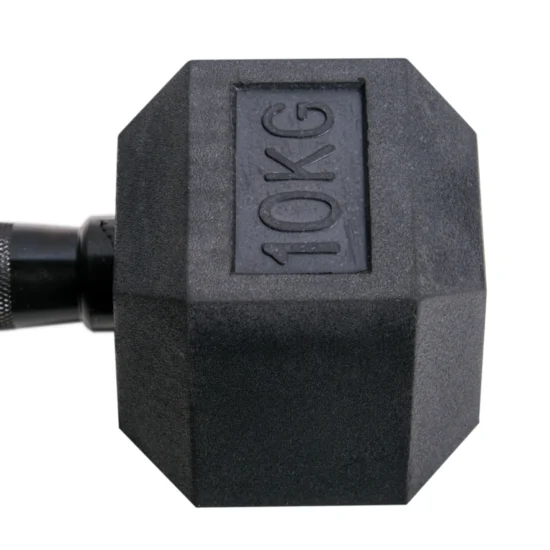 10kg Rubber Hex Dumbbell Black Handles Close Up of End Caps